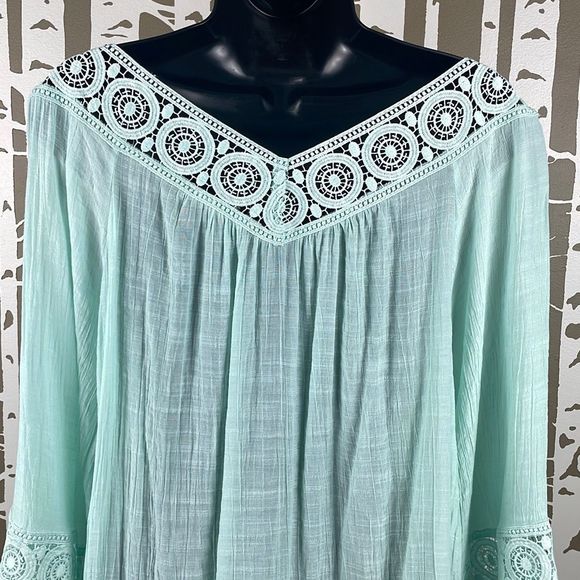 Indigo Soul Gauze Crochet Lace Trim Balloon Sleeve Tunic Top 2XL - Picture 9 of 11